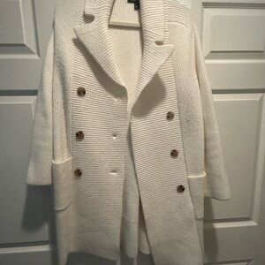 Ann Taylor Cream Double-Breasted Knit Coatigan with Wooden Buttons